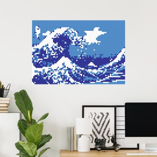 Pixel Tsunami Blue met 8 bits Pixel Art Poster (Thuiskantoor)