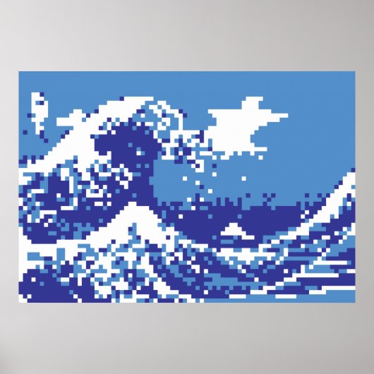 Pixel Tsunami Blue met 8 bits Pixel Art Poster (Voorkant)