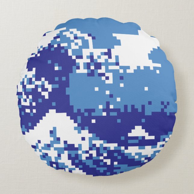 Pixel Tsunami Blue met 8 bits Pixel Art Rond Kussen (Voorkant)