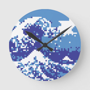 Pixel Tsunami Blue met 8 bits Pixel Art Ronde Klok