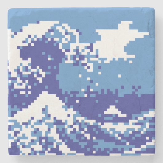Pixel Tsunami Blue met 8 bits Pixel Art Stenen Onderzetter (Voorkant)