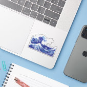 Pixel Tsunami Blue met 8 bits Pixel Art Sticker (Laptop met iPhone)