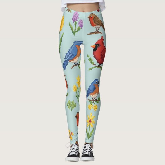 Pixel vogels en bloemen leggings (Voorkant)