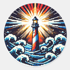 Pixel Vuurtoren in Stormachtige Zeeen Ronde Sticker