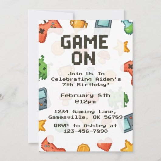 Pixel Waterverf Gaming Verjaardag Uitnodigen Kaart (Voorkant)