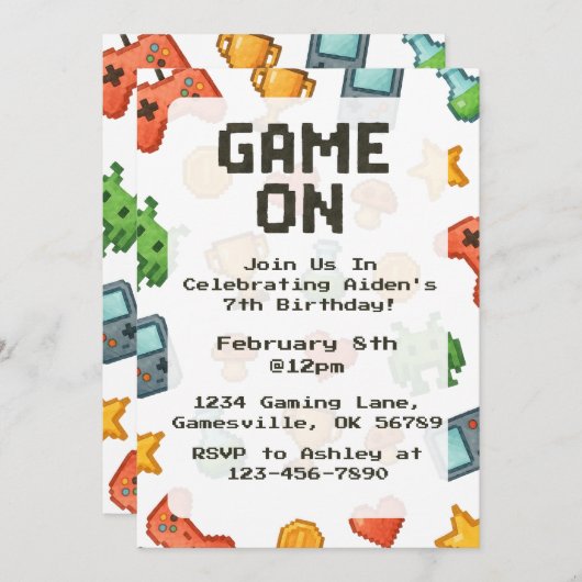 Pixel Waterverf Gaming Verjaardag Uitnodigen Kaart (Voorkant / Achterkant)