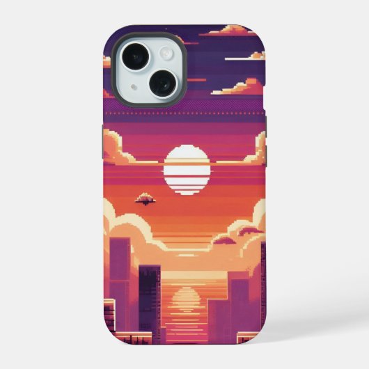 Pixel Zonsondergang Stad iPhone 15 Case (Achterkant)