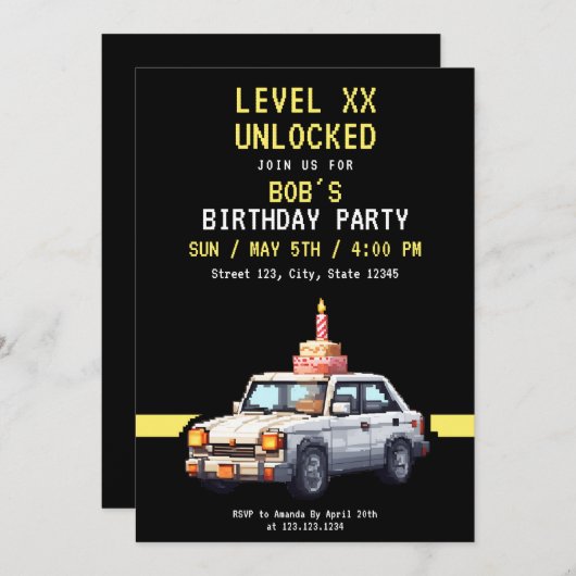 Pixel Zwart & Geel Race Gaming Verjaardag Kaart (Voorkant / Achterkant)