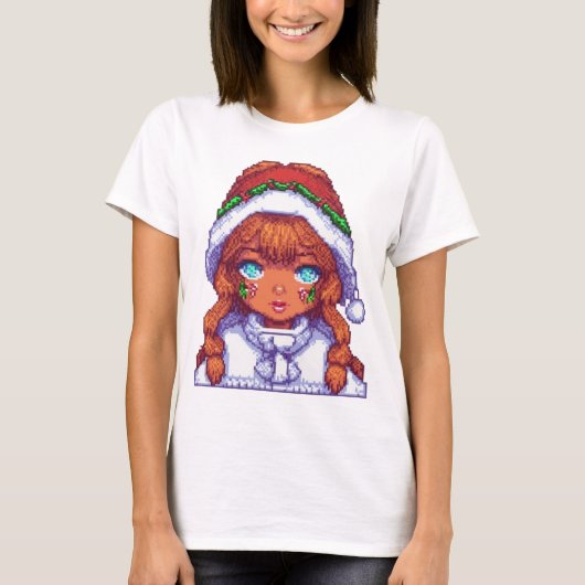 Pixelart meisje dragen Santa hoed T-shirt (Voorkant)