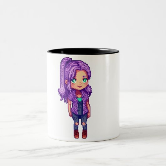 Pixelart paarse haar meisje tweekleurige koffiemok (Center)