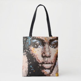 Pixelartportret van een woeste vrouw met zwijgende tote bag