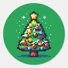 Pixelated Festivity: 8-bit kerstboom ontwerp Ronde Sticker