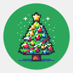 Pixelated Festivity: 8-bit kerstboom ontwerp Ronde Sticker