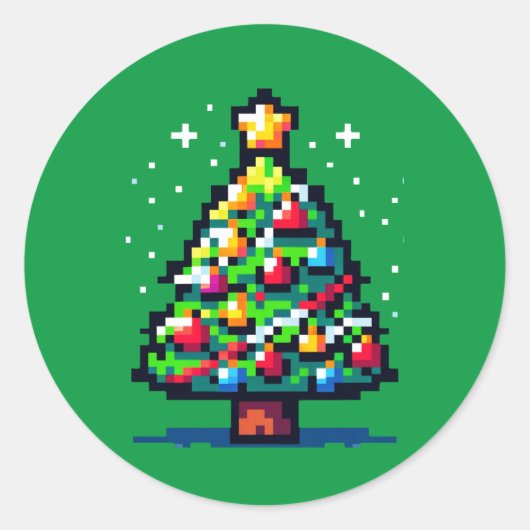 Pixelated Festivity: 8-bit kerstboom ontwerp Ronde Sticker (Voorkant)