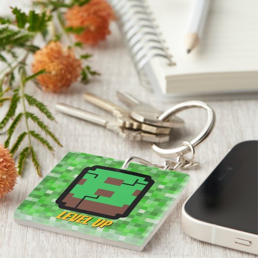 Pixelated Gamer Groen Bouw Level Omhoog 8 Sleutelhanger (Voorkant Rechts)