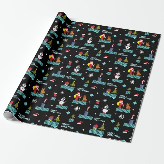 Pixelated Merry Christmas Pattern - Retro Design Cadeaupapier (Uitgerold)