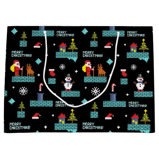 Pixelated Merry Christmas Pattern - Retro Design Groot Cadeauzakje (Voorkant)