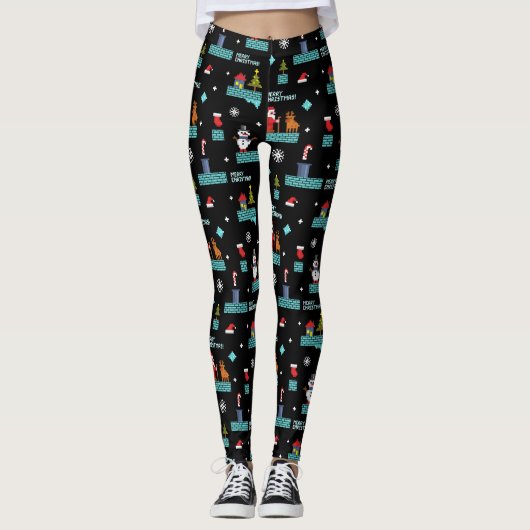 Pixelated Merry Christmas Pattern - Retro Design Leggings (Voorkant)
