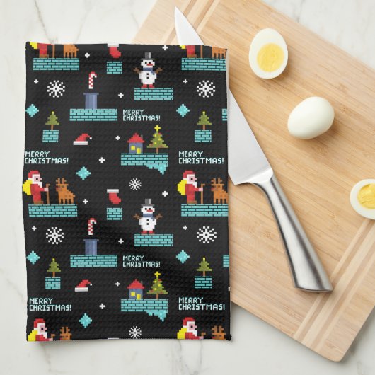 Pixelated Merry Christmas Pattern - Retro Design Theedoek (Quarter Fold)