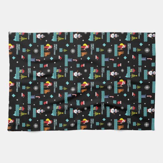 Pixelated Merry Christmas Pattern - Retro Design Theedoek (Horizontaal)