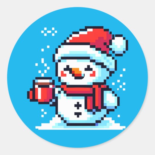 Pixelated Sneeuwman met Koffie - Winter Vakantie K Ronde Sticker (Voorkant)