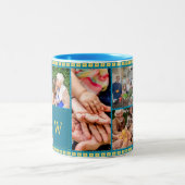 Pixelated Squares in blauw. Familiefoto Tweekleurige Koffiemok (Center)