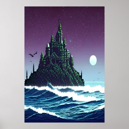 Pixelkunst, Castle on rock in oceano | AI Art. Poster (Voorkant)