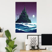 Pixelkunst, Castle on rock in oceano | AI Art. Poster (Thuiskantoor)