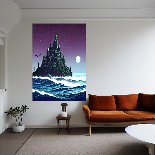 Pixelkunst, Castle on rock in oceano | AI Art. Poster