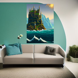 Pixelkunst, Castle on rock in zee | AI Art. Poster