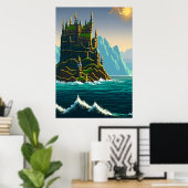 Pixelkunst, Castle on rock in zee | AI Art. Poster (Thuiskantoor)