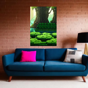 Pixelkunst, koel groen bos   AI Art. Poster