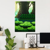 Pixelkunst, koel groen bos | AI Art. Poster (Thuiskantoor)