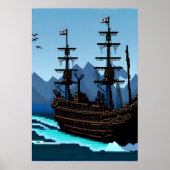 Pixelkunst, schip op oceaan | AI Art Poster (Voorkant)