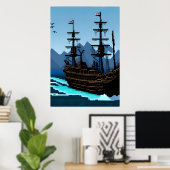 Pixelkunst, schip op oceaan | AI Art Poster (Thuiskantoor)