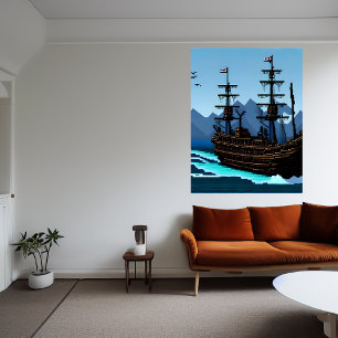 Pixelkunst, schip op oceaan   AI Art Poster