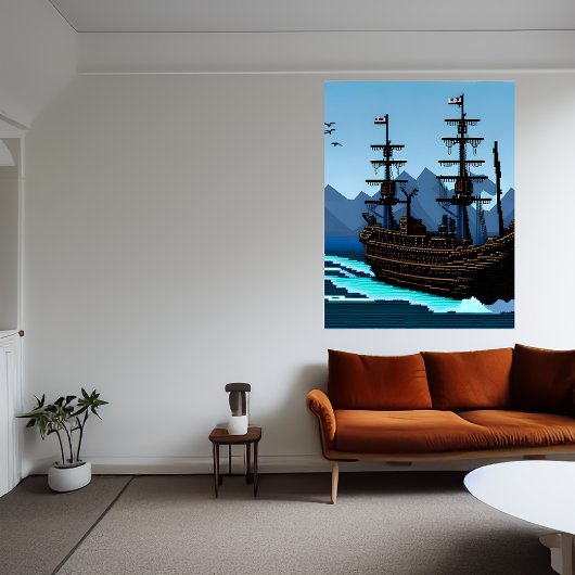 Pixelkunst, schip op oceaan | AI Art Poster