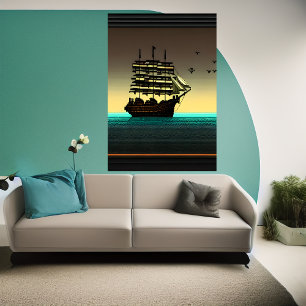Pixelkunst, schip op zee   AI Art Poster