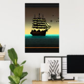 Pixelkunst, schip op zee | AI Art Poster (Thuiskantoor)
