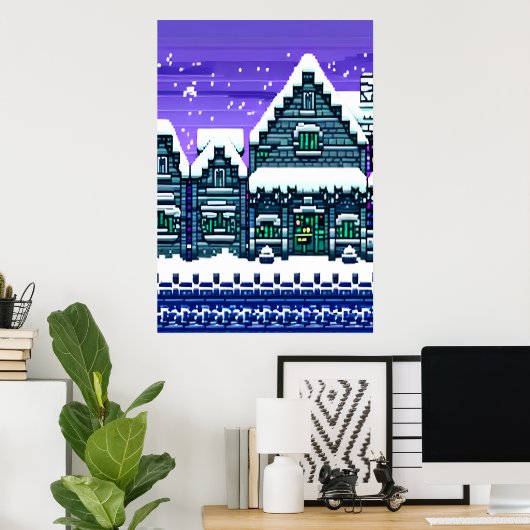 Pixelkunst, stad in sneeuw | AI Art Poster (Thuiskantoor)