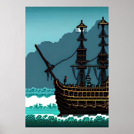 Pixelkunst, zeilboot op de grote oceaan | AI Art. Poster (Voorkant)