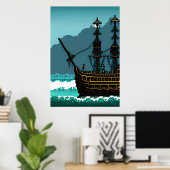 Pixelkunst, zeilboot op de grote oceaan | AI Art. Poster (Thuiskantoor)