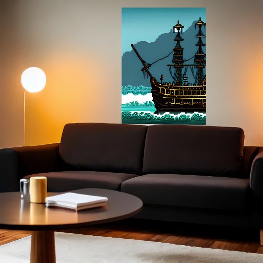 Pixelkunst, zeilboot op de grote oceaan | AI Art. Poster