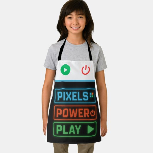 Pixels Power Play Gamer Apron – Fun Gaming Style Schort (Insitu)