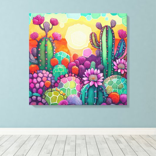 Pixerstick Sticker: Zonsondergang op Cactus kleurr Canvas Afdruk (Insitu (Houten vloer))