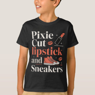 Pixie cut lipstick and sneakers short hair style  t-shirt