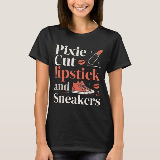 Pixie cut lipstick en sneakers korte kapsel stijl t-shirt (Voorkant)