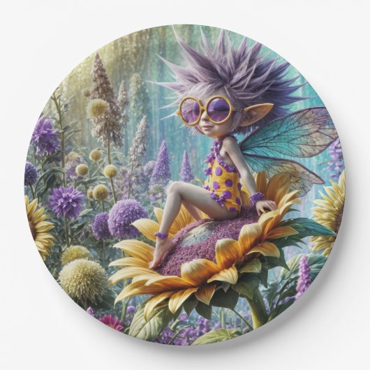 Pixie Elf op een Zonnebloem Papieren Bordje (Voorkant)