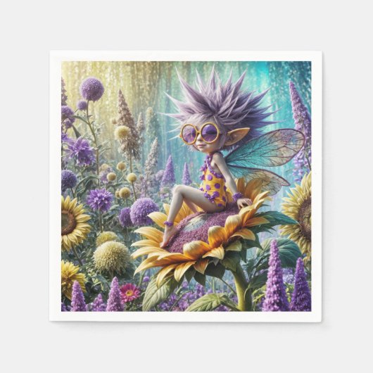 Pixie Elf op een Zonnebloem Servet (Voorkant)