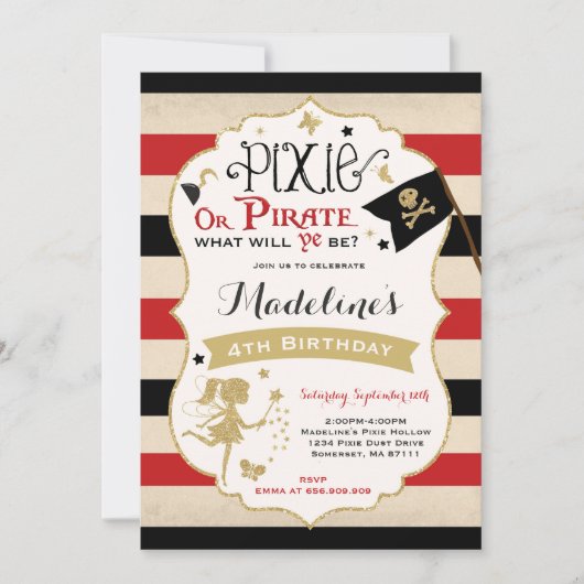 Pixie en Pirate Birthday Invitation fairy Pirate Kaart (Voorkant)